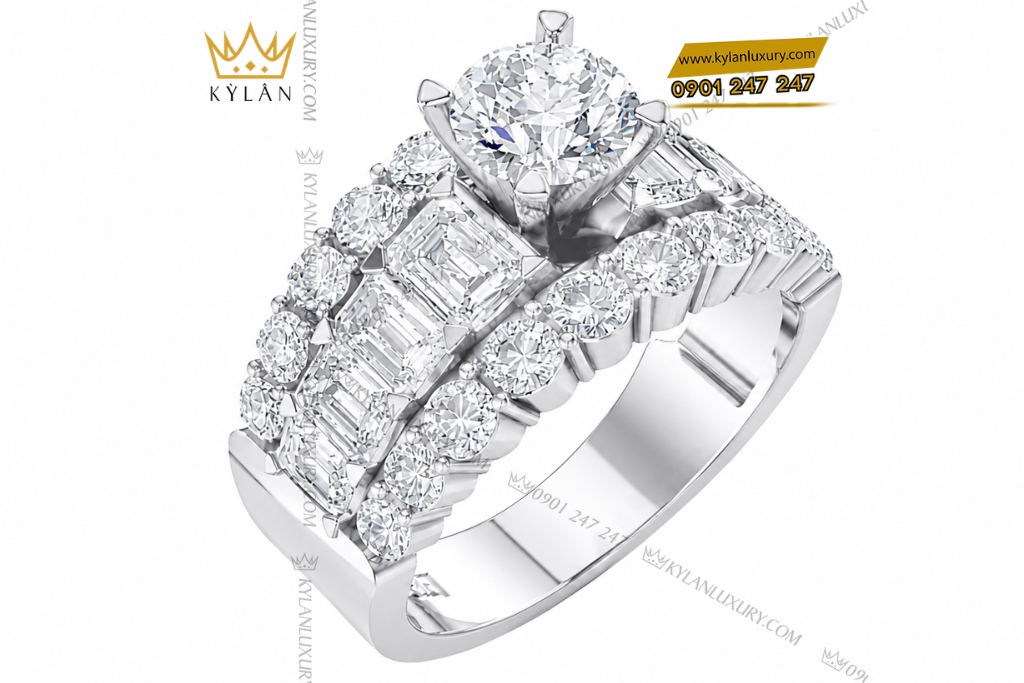 Nhẫn nữ vàng trắng Au750 đính kim cương