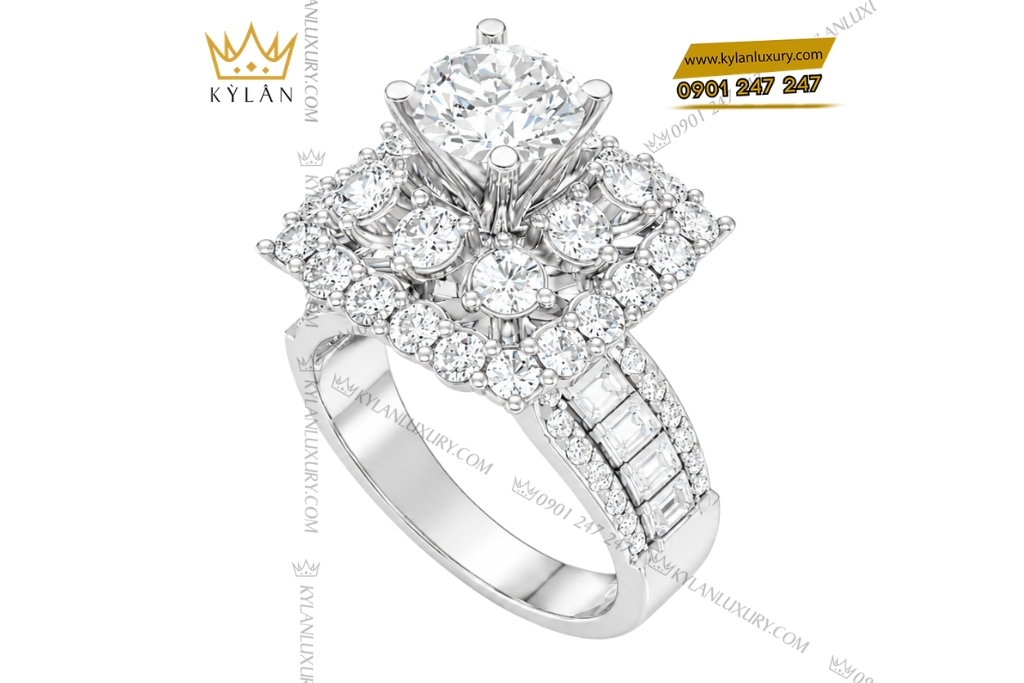 Nhẫn nữ vàng trắng Au750 đính kim cương