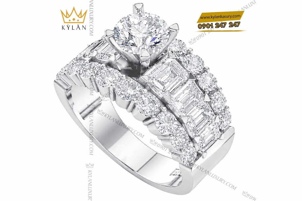Kỳ Lân Luxury Nhan nu vang trang Au750 dinh kim cuong 5 Nhẫn nữ vàng trắng Au750 đính kim cương
