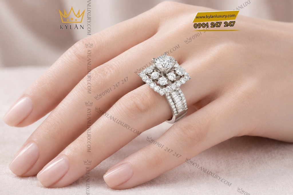 Kỳ Lân Luxury Nhan nu vang trang Au750 dinh kim cuong 6 1 Nhẫn nữ vàng trắng Au750 đính kim cương
