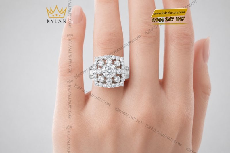 Nhẫn nữ vàng trắng Au750 đính kim cương