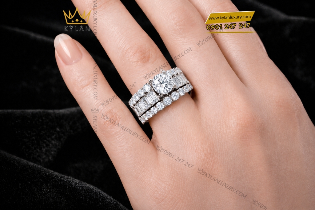 Nhẫn nữ vàng trắng Au750 đính kim cương