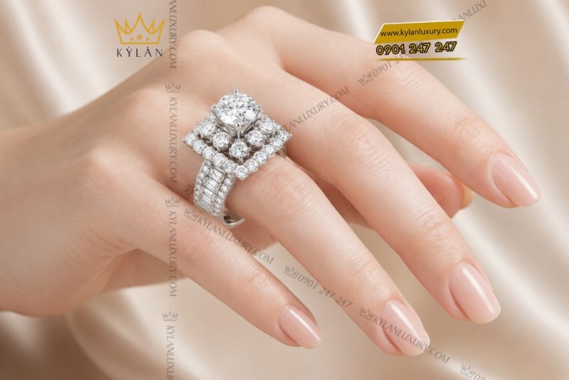 Nhẫn nữ vàng trắng Au750 đính kim cương