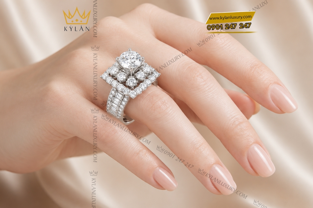 Nhẫn nữ vàng trắng Au750 đính kim cương