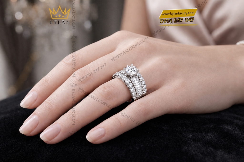 Kỳ Lân Luxury Nhan nu vang trang Au750 dinh kim cuong 8 Nhẫn nữ vàng trắng Au750 đính kim cương