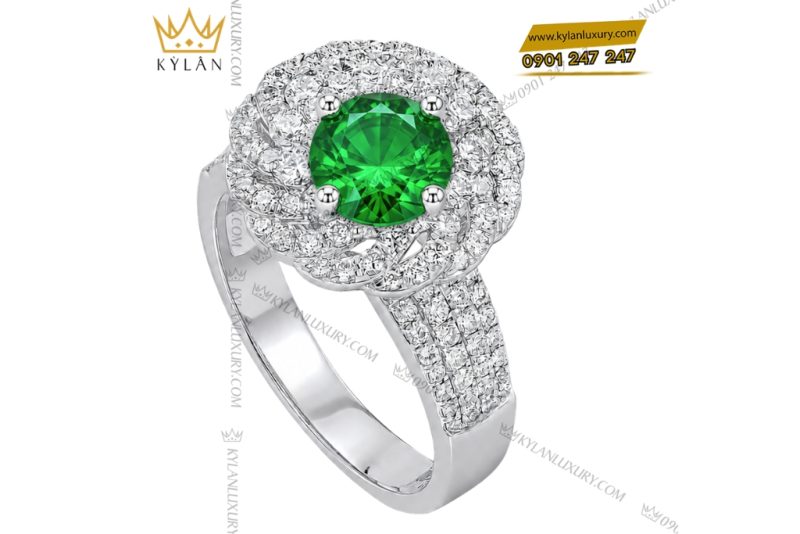 Nhẫn nữ vàng trắng Au750 đính kim cương và đá ngọc lục bảo
