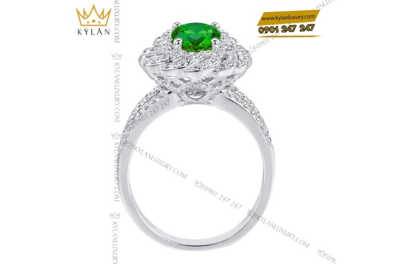 Nhẫn nữ vàng trắng Au750 đính kim cương và đá ngọc lục bảo