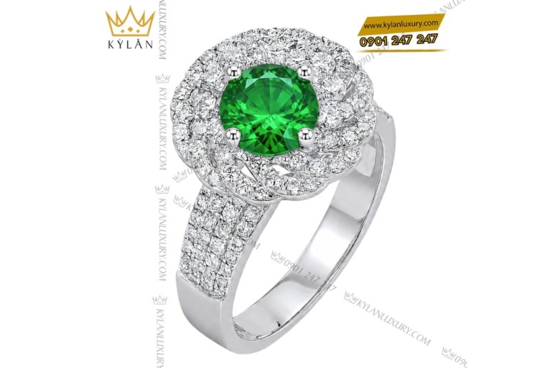 Nhẫn nữ vàng trắng Au750 đính kim cương và đá ngọc lục bảo