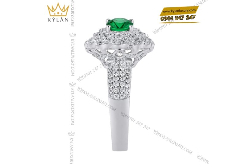 Nhẫn nữ vàng trắng Au750 đính kim cương và đá ngọc lục bảo