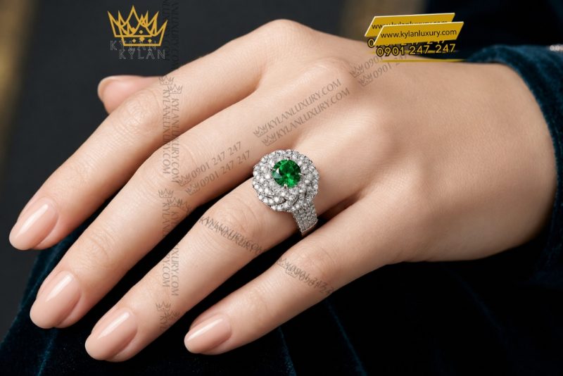 Nhẫn nữ vàng trắng Au750 đính kim cương và đá ngọc lục bảo