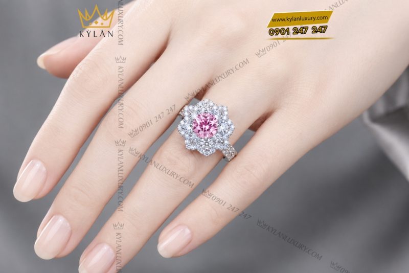 Nhẫn nữ vàng trắng Au750 đính kim cương và đá sapphire hồng