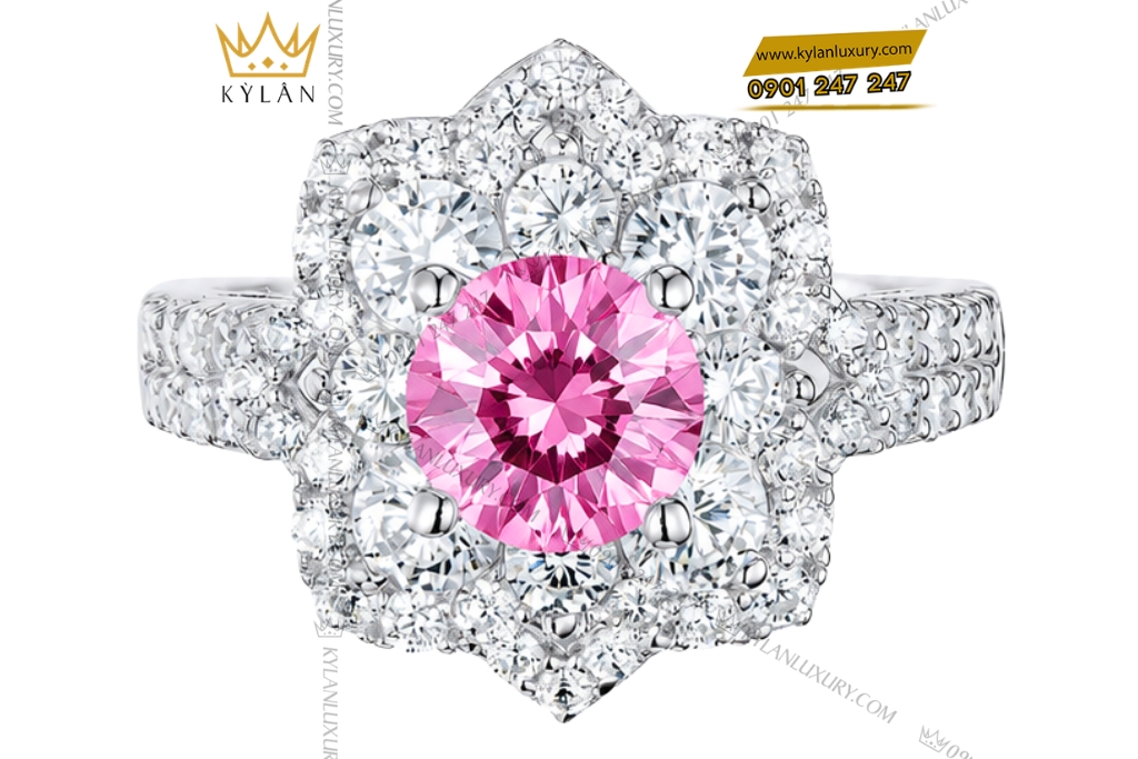 Nhẫn nữ vàng trắng Au750 đính kim cương và đá sapphire hồng