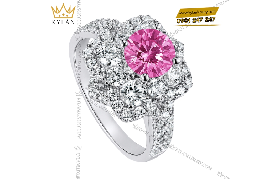 Nhẫn nữ vàng trắng Au750 đính kim cương và đá sapphire hồng