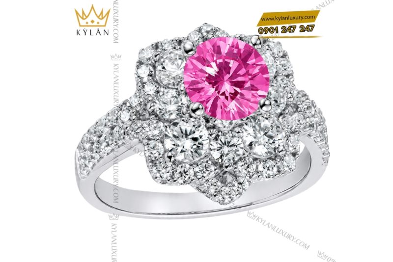 Nhẫn nữ vàng trắng Au750 đính kim cương và đá sapphire hồng