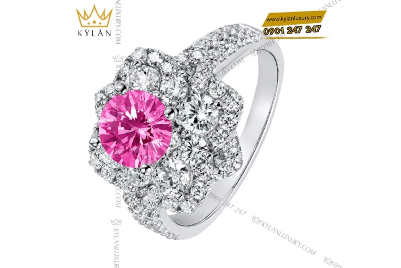 Nhẫn nữ vàng trắng Au750 đính kim cương và đá sapphire hồng