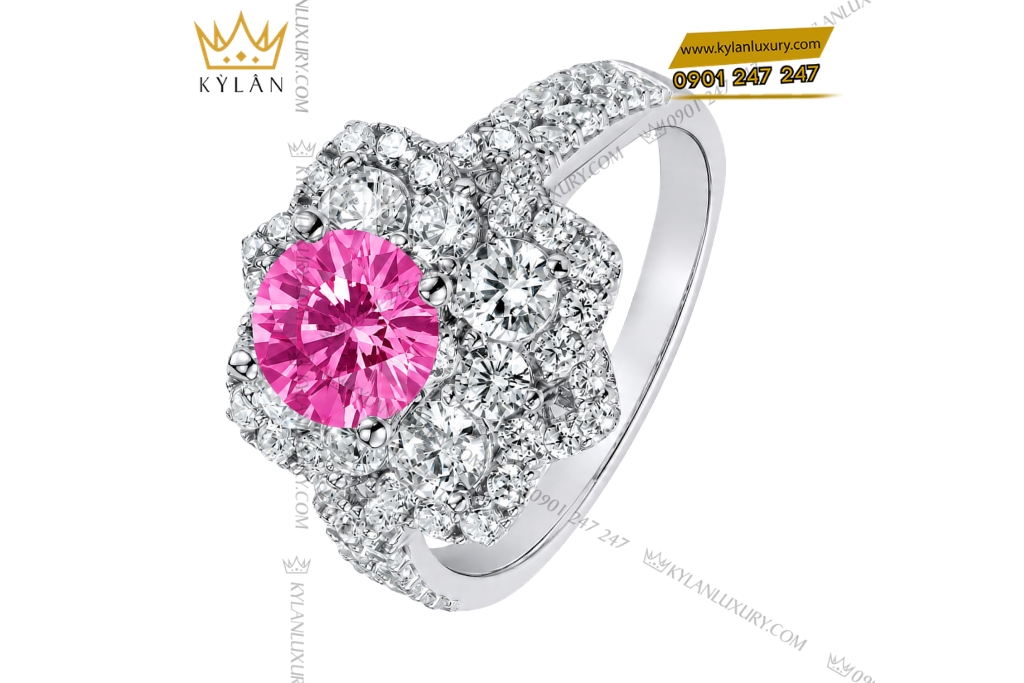 Kỳ Lân Luxury Nhan nu vang trang Au750 dinh kim cuong va da sapphire hong 5 Nhẫn nữ vàng trắng Au750 đính kim cương và đá sapphire hồng