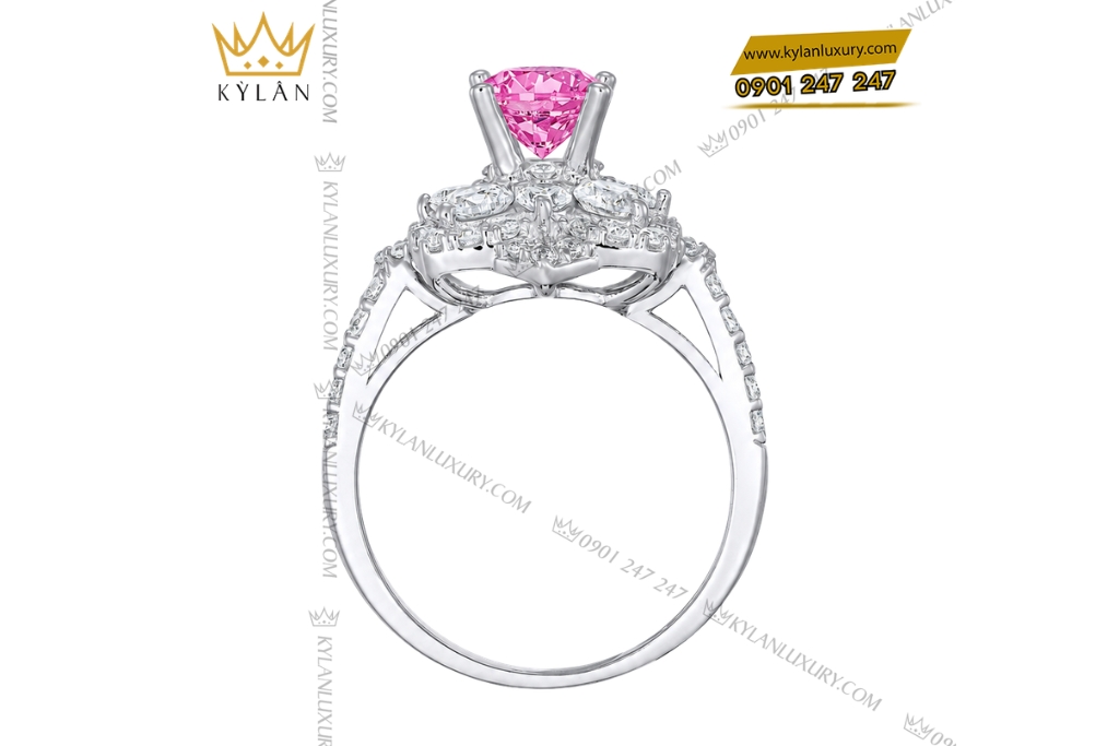 Nhẫn nữ vàng trắng Au750 đính kim cương và đá sapphire hồng