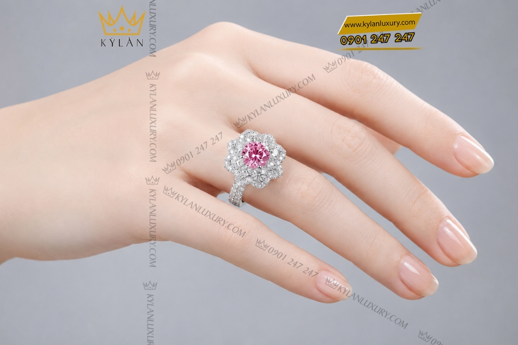 Nhẫn nữ vàng trắng Au750 đính kim cương và đá sapphire hồng