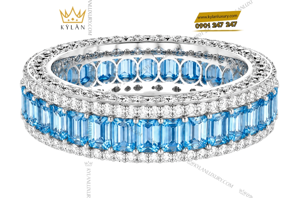 Nhẫn nữ vàng trắng Au750 đính kim cương và đá topaz