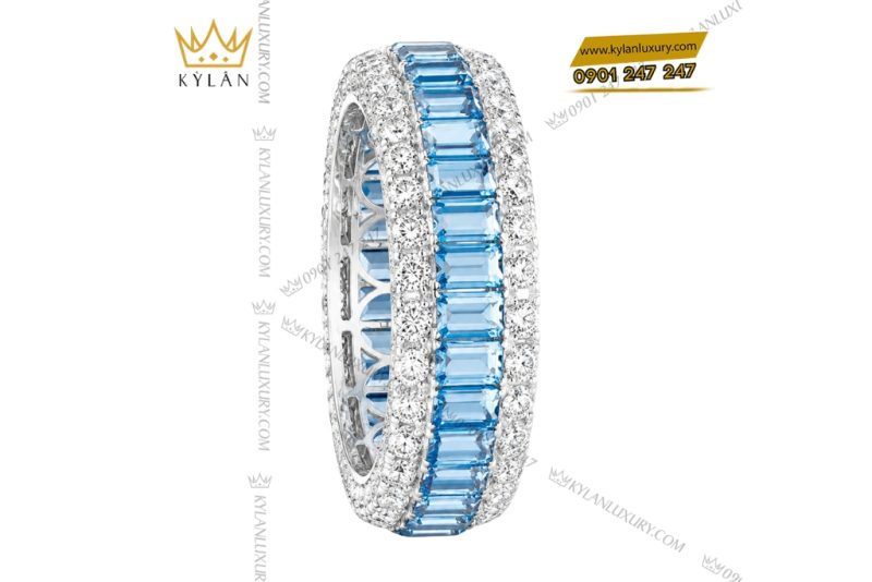 Nhẫn nữ vàng trắng Au750 đính kim cương và đá topaz