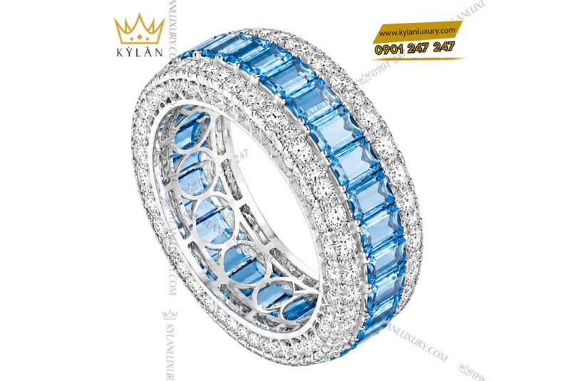 Nhẫn nữ vàng trắng Au750 đính kim cương và đá topaz