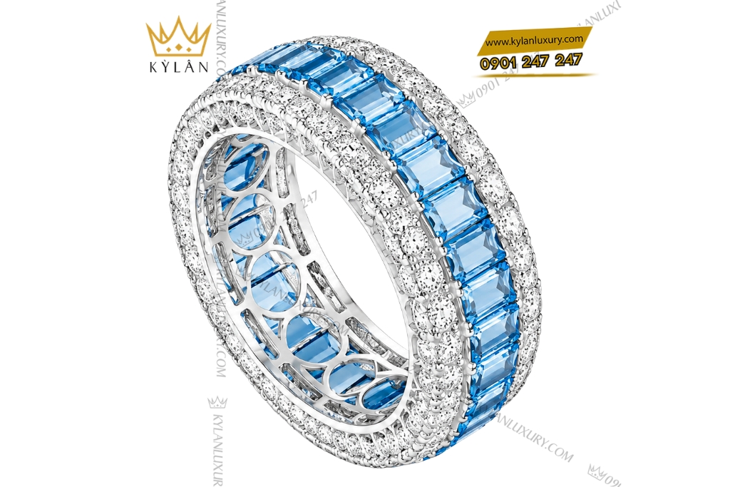 Nhẫn nữ vàng trắng Au750 đính kim cương và đá topaz