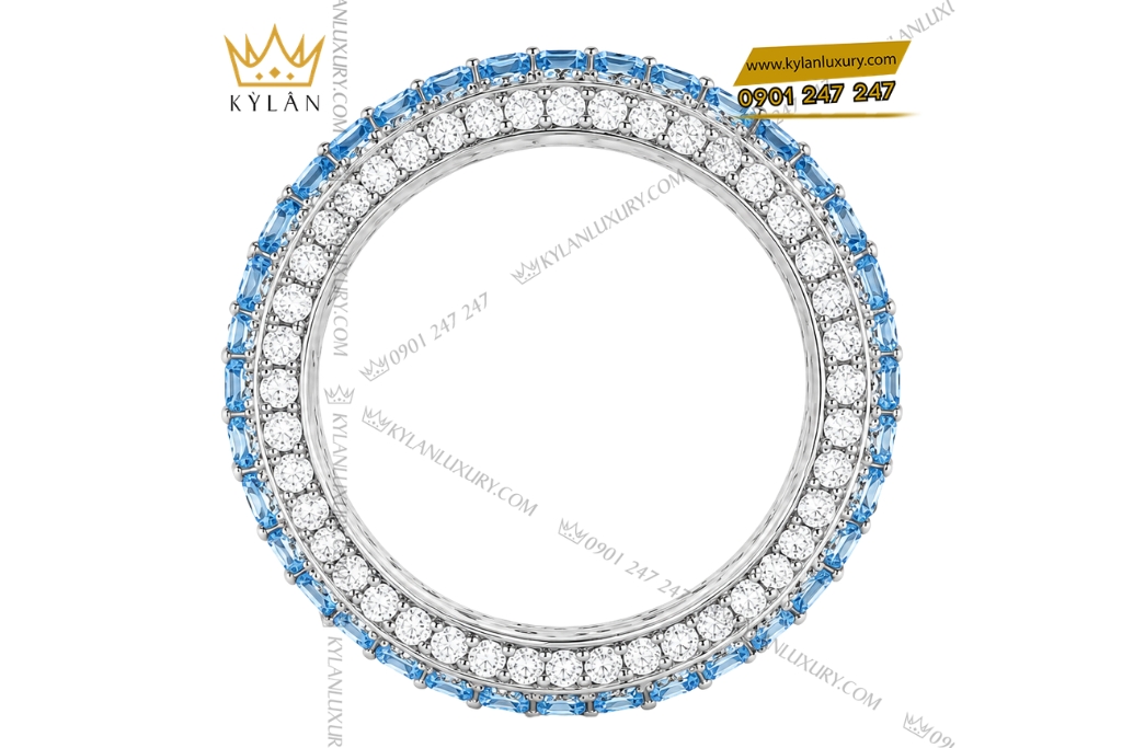 Nhẫn nữ vàng trắng Au750 đính kim cương và đá topaz