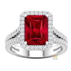 Nhẫn nữ vàng trắng Au750 đính kim cương và sapphire đỏ