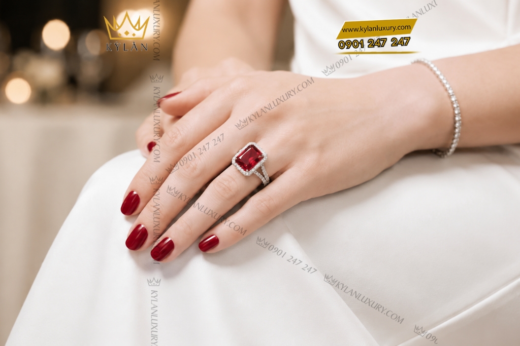 Nhẫn nữ vàng trắng Au750 đính kim cương và sapphire đỏ