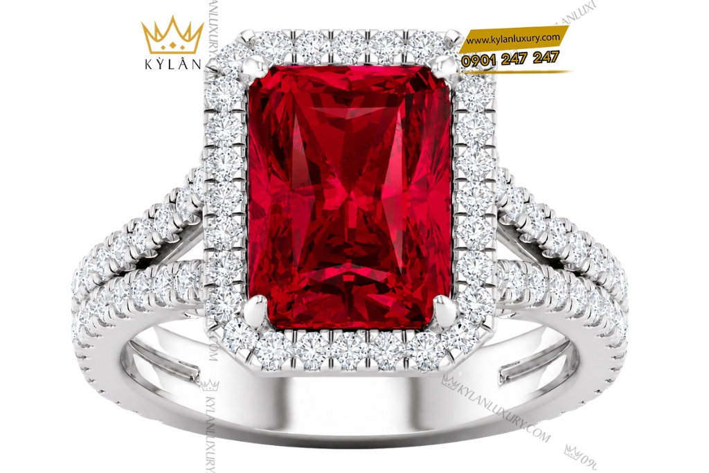Nhẫn nữ vàng trắng Au750 đính kim cương và sapphire đỏ