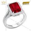 Nhẫn nữ vàng trắng Au750 đính kim cương và sapphire đỏ