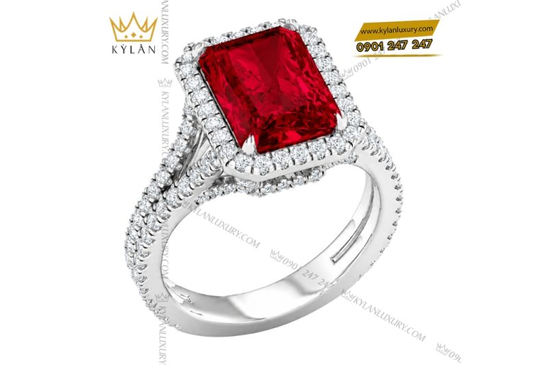 Nhẫn nữ vàng trắng Au750 đính kim cương và sapphire đỏ