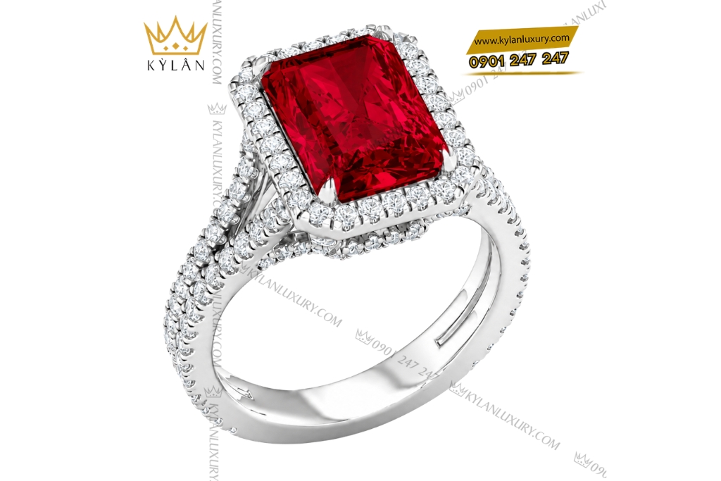 Kỳ Lân Luxury Nhan nu vang trang Au750 dinh kim cuong va sapphire do 3 Nhẫn nữ vàng trắng Au750 đính kim cương và sapphire đỏ
