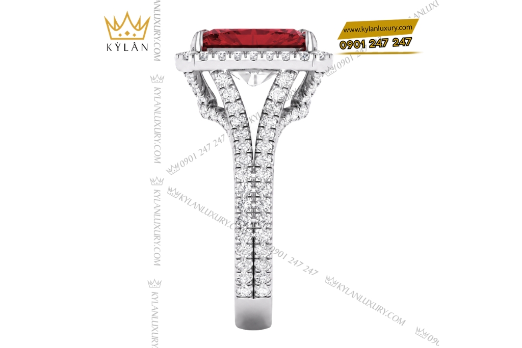 Kỳ Lân Luxury Nhan nu vang trang Au750 dinh kim cuong va sapphire do 4 Nhẫn nữ vàng trắng Au750 đính kim cương và sapphire đỏ