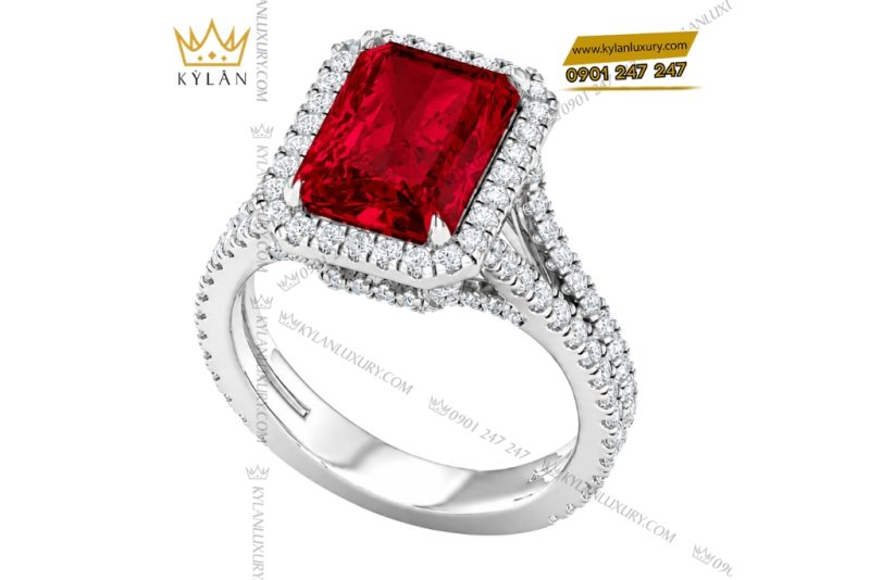 Nhẫn nữ vàng trắng Au750 đính kim cương và sapphire đỏ
