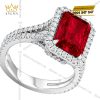 Nhẫn nữ vàng trắng Au750 đính kim cương và sapphire đỏ