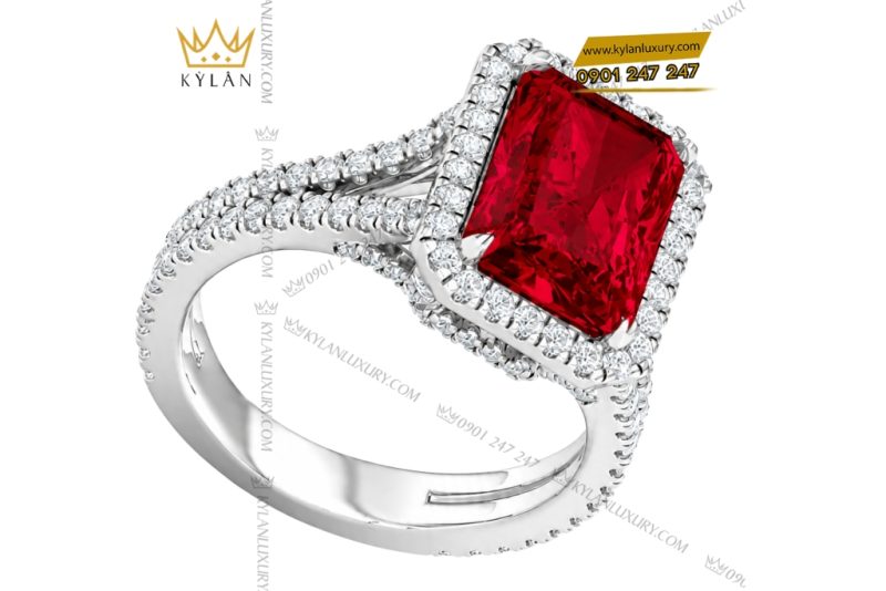 Nhẫn nữ vàng trắng Au750 đính kim cương và sapphire đỏ