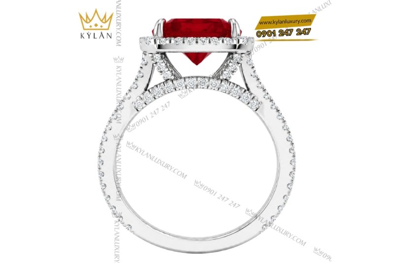 Nhẫn nữ vàng trắng Au750 đính kim cương và sapphire đỏ