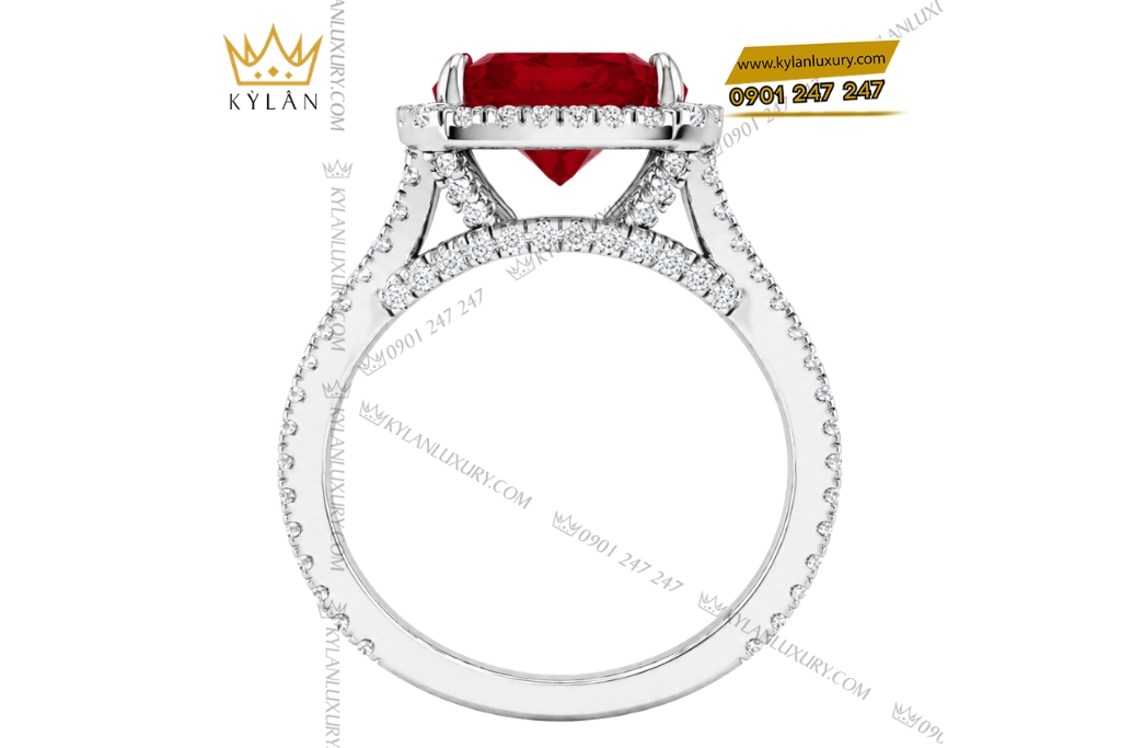 Nhẫn nữ vàng trắng Au750 đính kim cương và sapphire đỏ