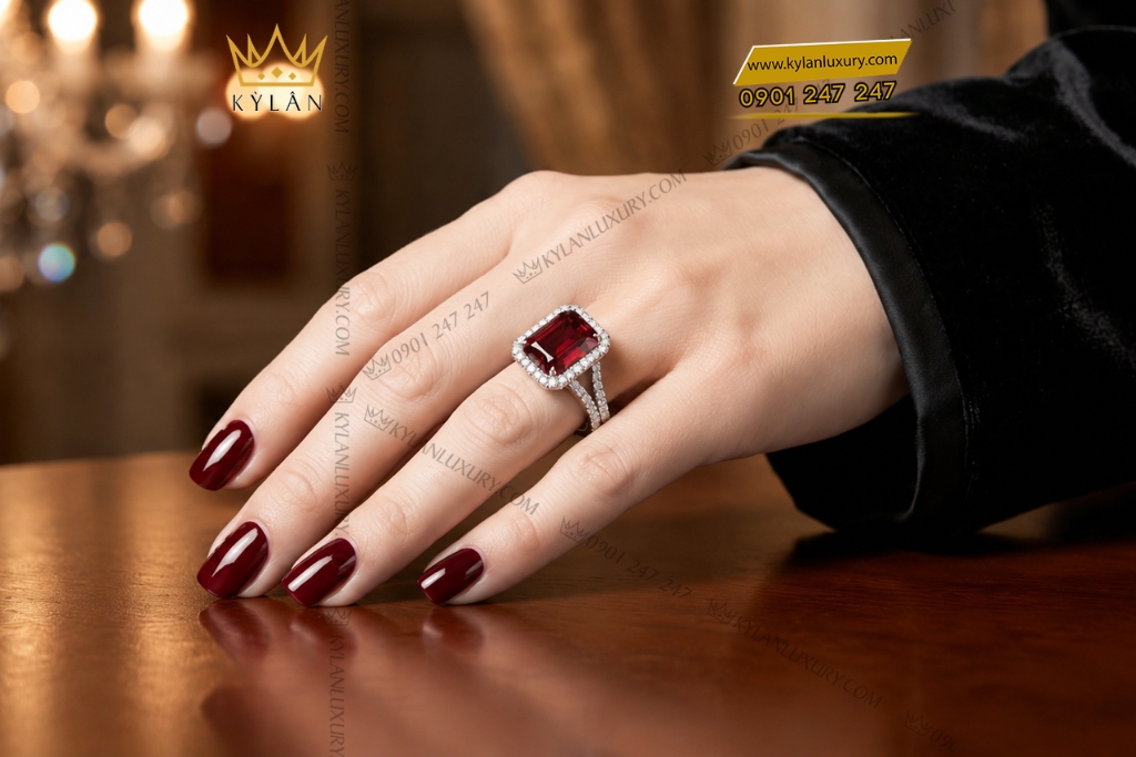 Kỳ Lân Luxury Nhan nu vang trang Au750 dinh kim cuong va sapphire do 8 Nhẫn nữ vàng trắng Au750 đính kim cương và sapphire đỏ