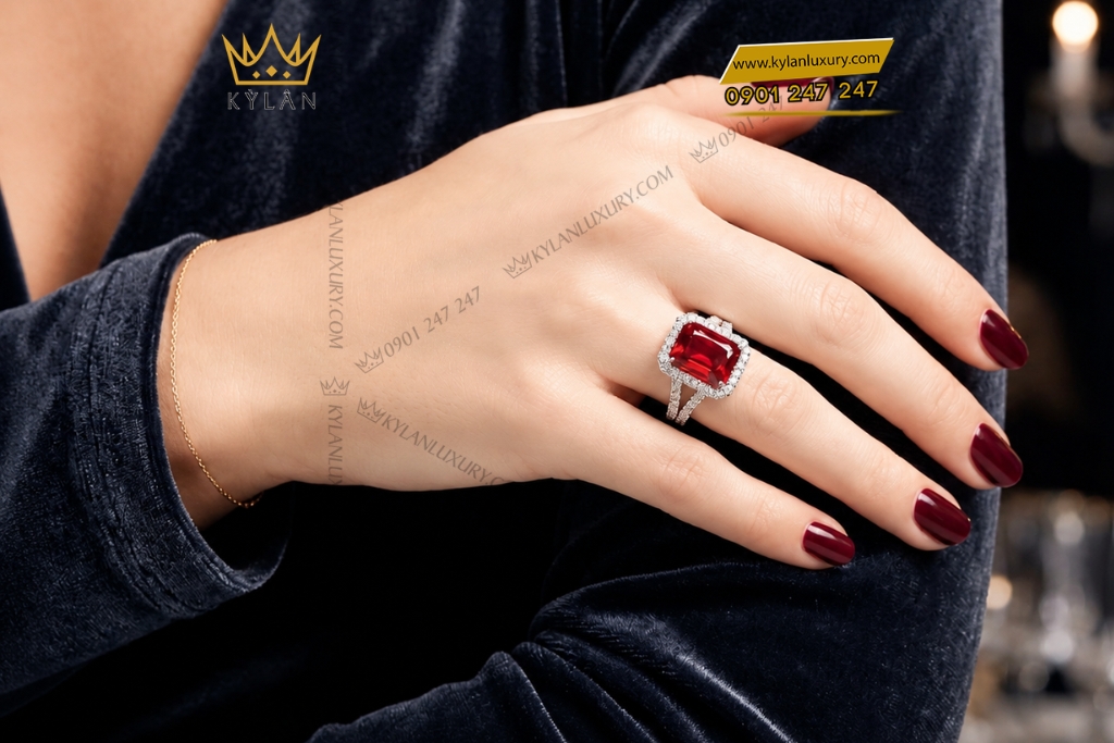 Nhẫn nữ vàng trắng Au750 đính kim cương và sapphire đỏ