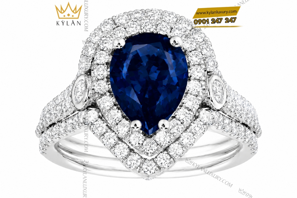 Nhẫn nữ vàng trắng Au750 đính kim cương và sapphire xanh dương