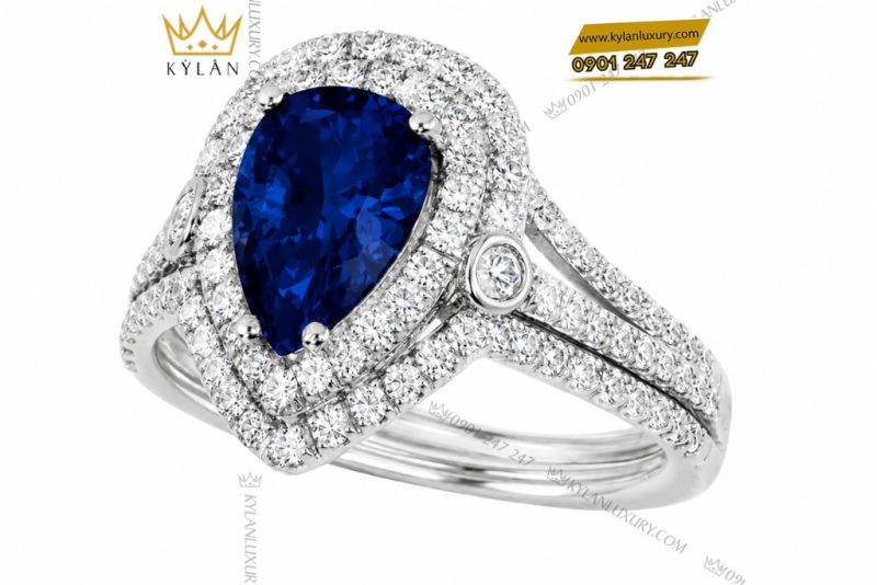 Nhẫn nữ vàng trắng Au750 đính kim cương và sapphire xanh dương