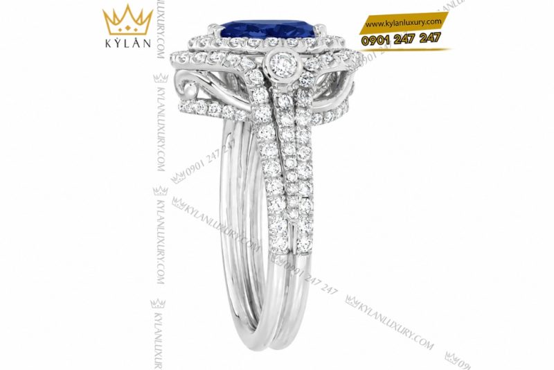 Nhẫn nữ vàng trắng Au750 đính kim cương và sapphire xanh dương