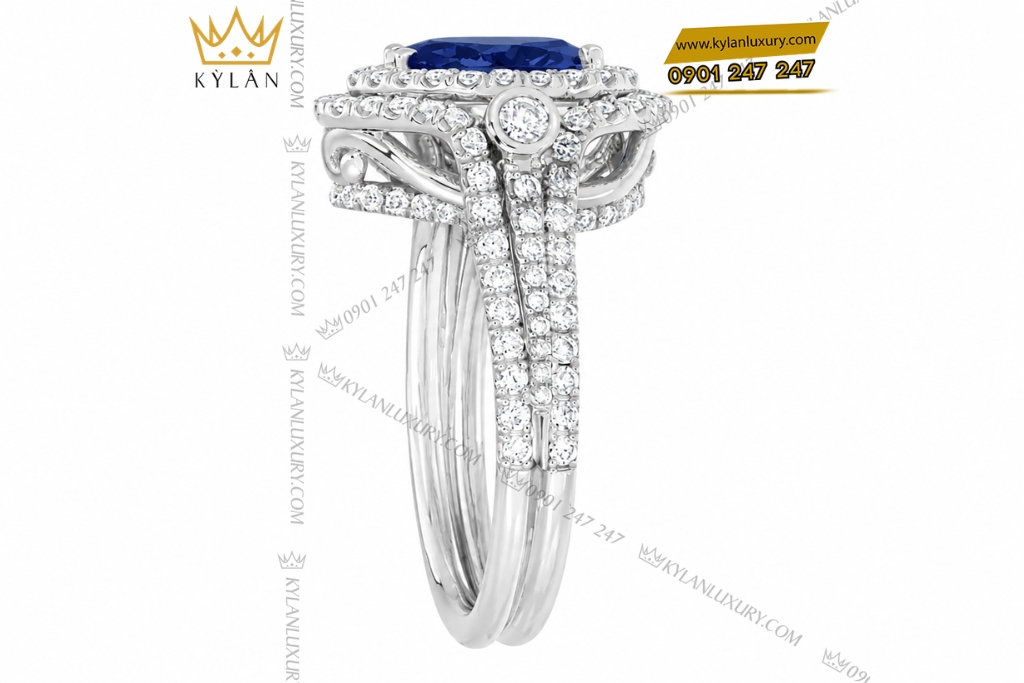 Kỳ Lân Luxury Nhan nu vang trang Au750 dinh kim cuong va sapphire xanh duong 4 Nhẫn nữ vàng trắng Au750 đính kim cương và sapphire xanh dương