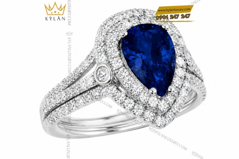 Nhẫn nữ vàng trắng Au750 đính kim cương và sapphire xanh dương
