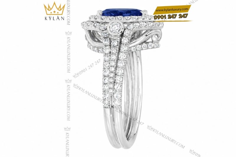 Nhẫn nữ vàng trắng Au750 đính kim cương và sapphire xanh dương