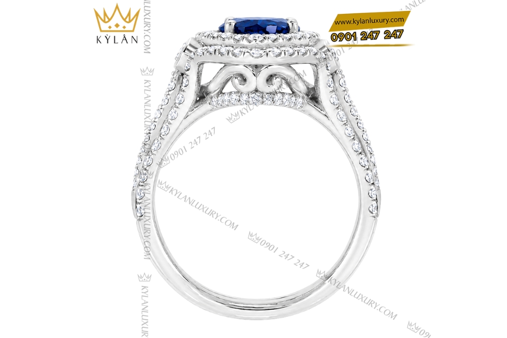 Nhẫn nữ vàng trắng Au750 đính kim cương và sapphire xanh dương