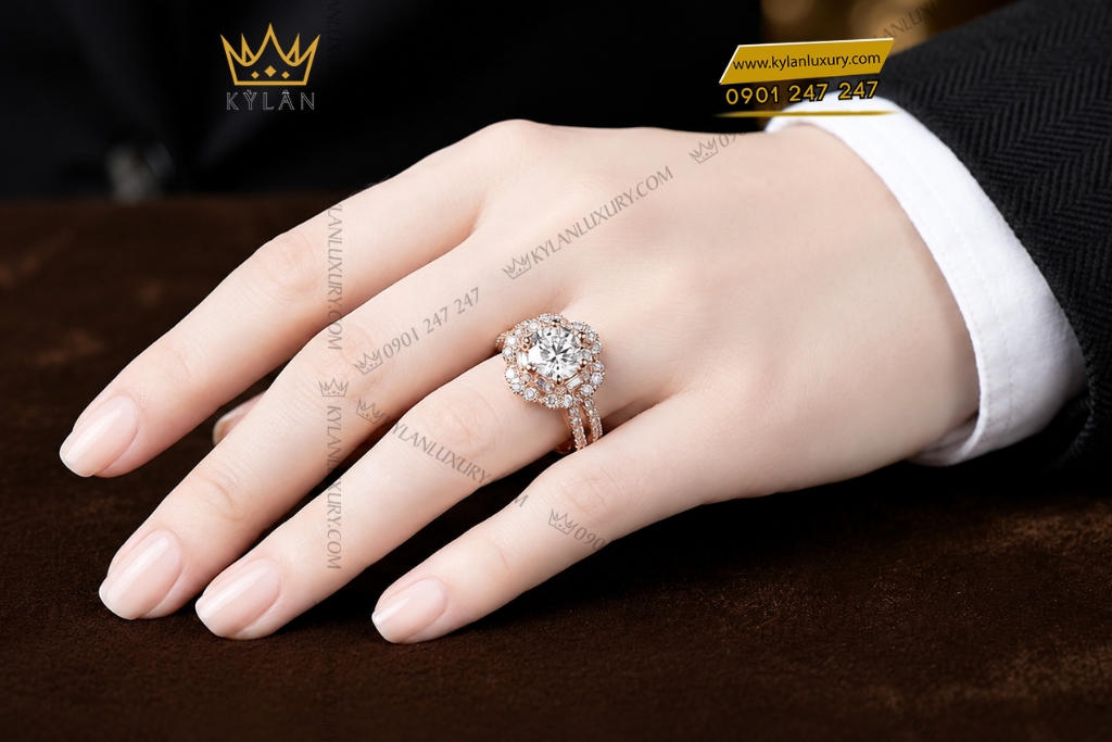 Nhẫn nữ vàng vàng hồng Au750 đính kim cương