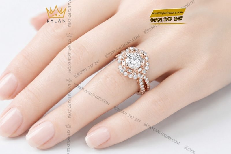Nhẫn nữ vàng hồng Au750 đính kim cương
